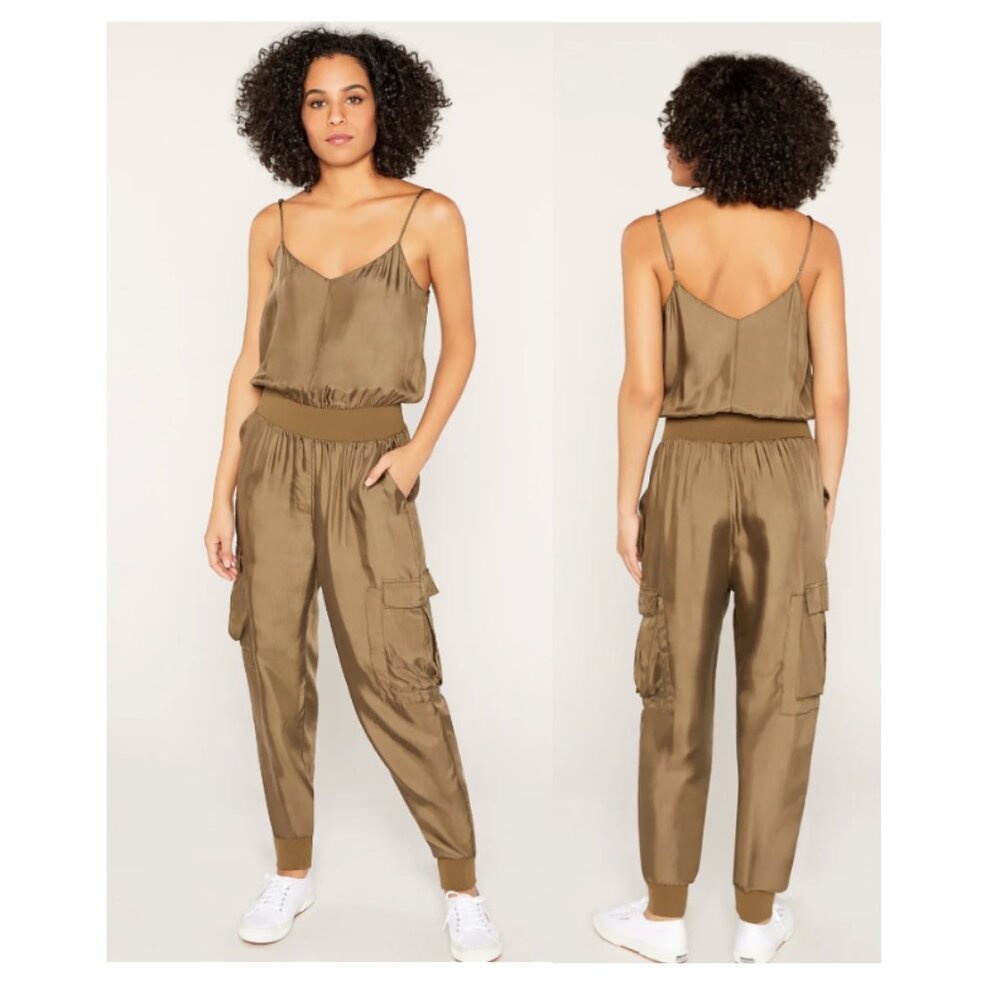 Cinq à Sept 5A7 Olive Amia Satin V-Neck Jumpsuit, XL 100% Cupro